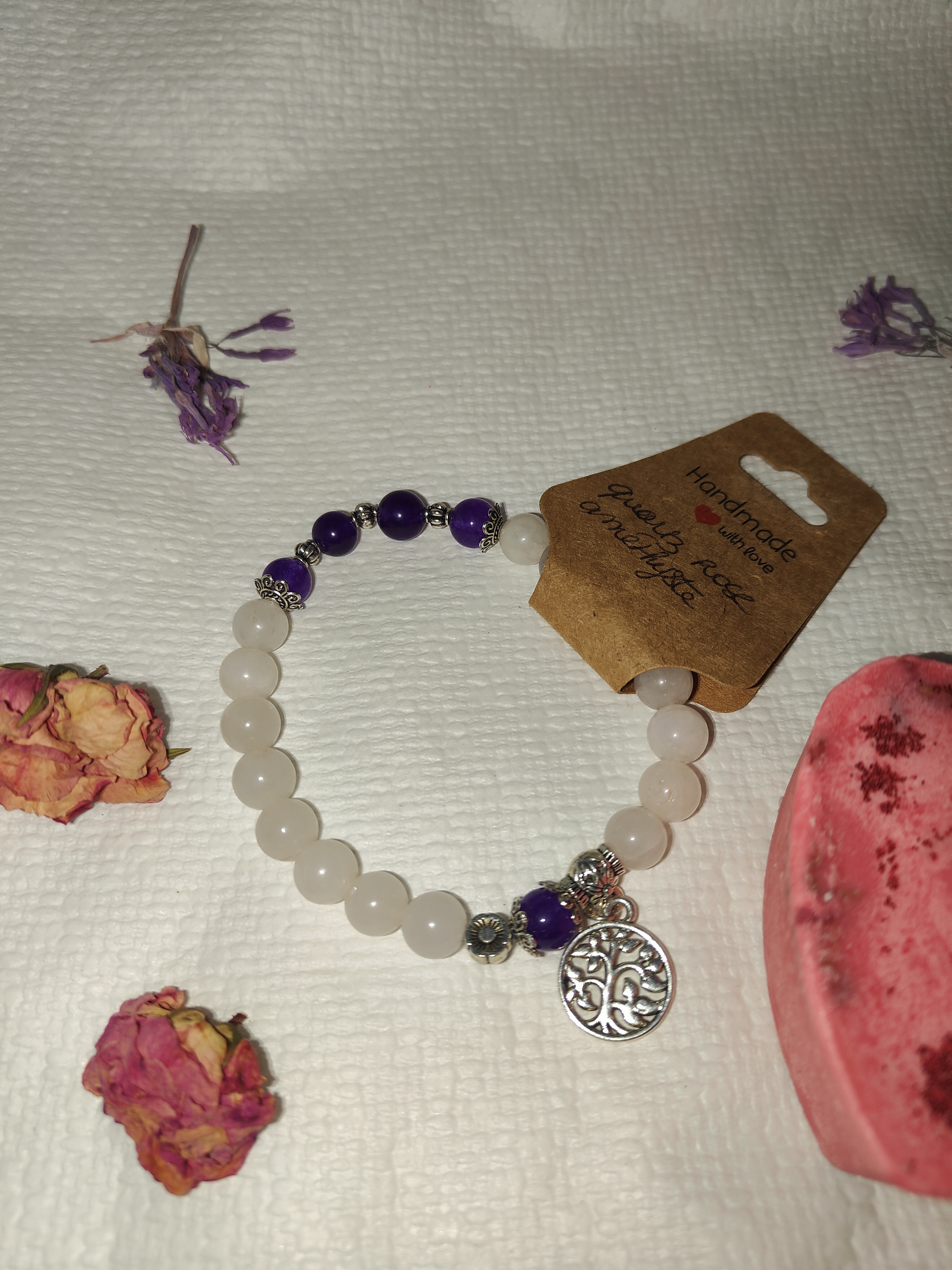 Bracelet quartz rose, améthyste, pendentif arbre de vie