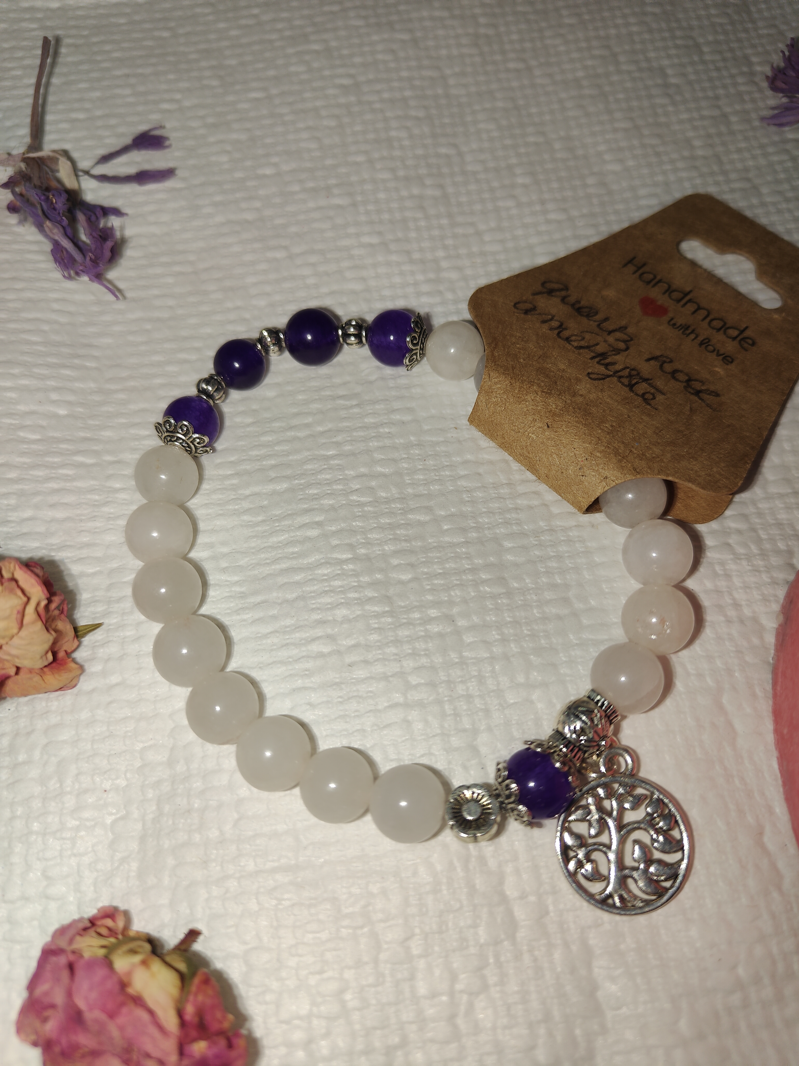 Bracelet quartz rose, améthyste, pendentif arbre de vie - détail