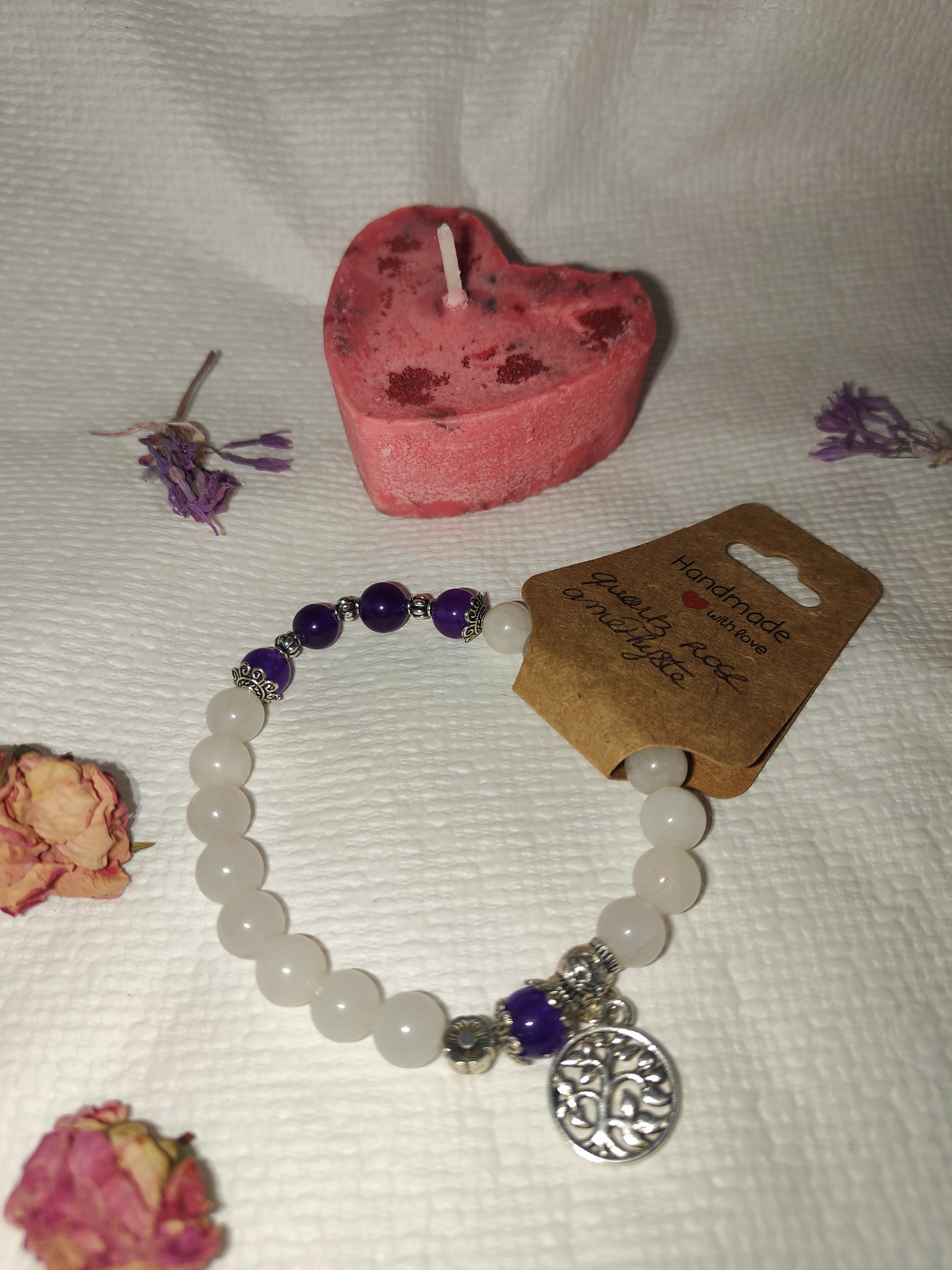 Bracelet quartz rose, améthyste, pendentif arbre de vie - vue secondaire